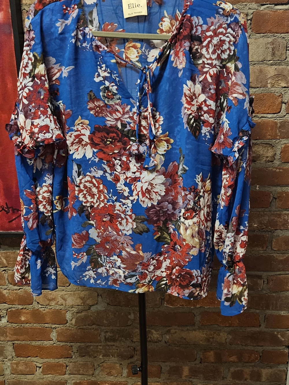 Floral Tie-Neck Blouse - Royal Blue Floral With Long Ruffle Sleeves